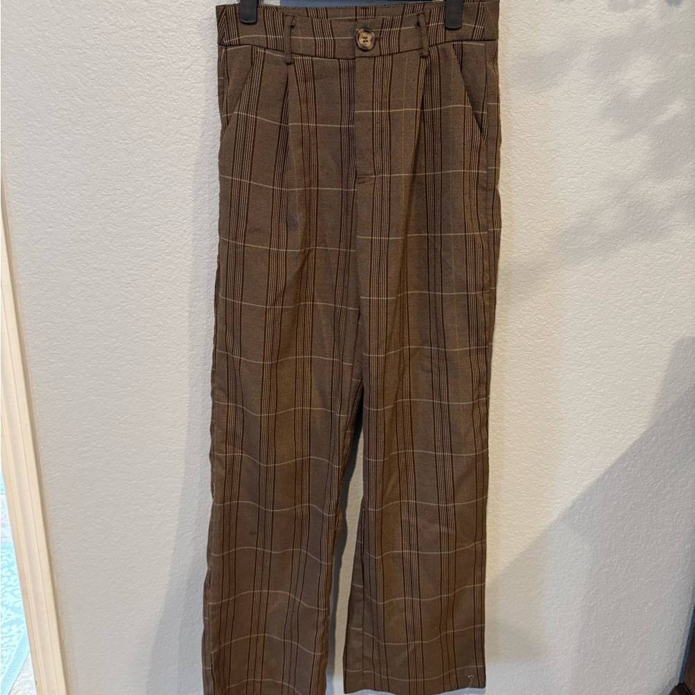 Tan and Brown Plaid Trousers with Woven Fabric